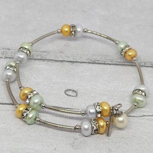 Vantel Pearls Silver Tone Wrap Around Bracelet White Yellow Cream